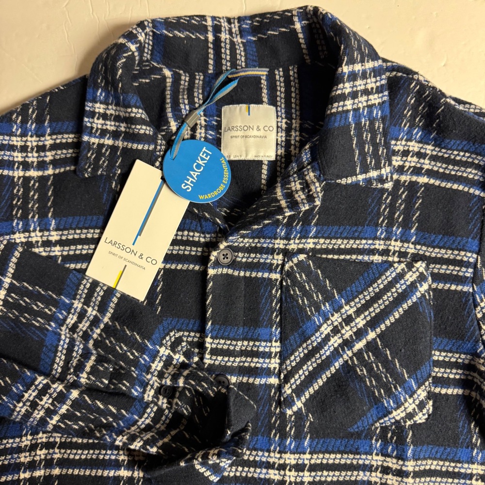 Larsson & Co Mens Flannel‎ Plaid Shacket Shirt Jacket Blue White Small S